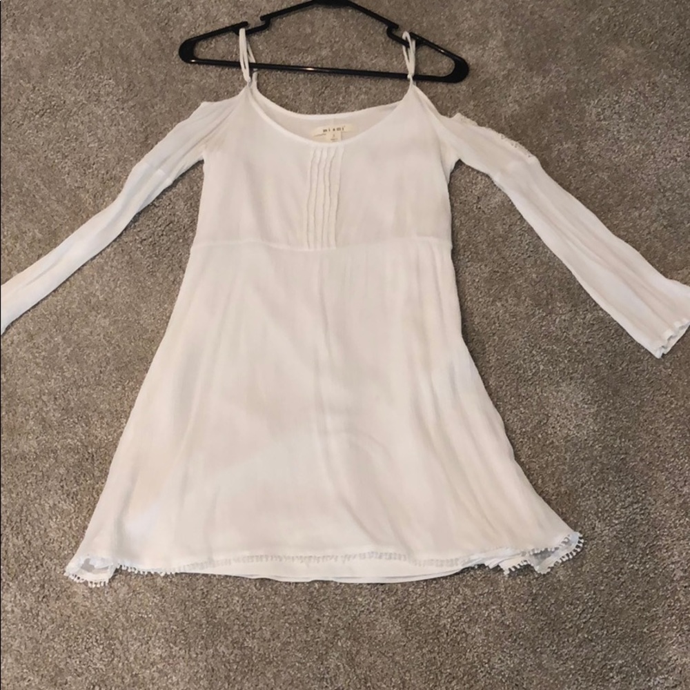 white long sleeve, peek-a-boo shoulder dress